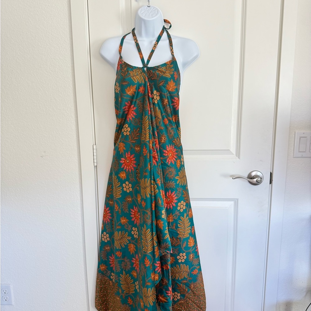 Floral Halter Maxi Dress - Green and Orange